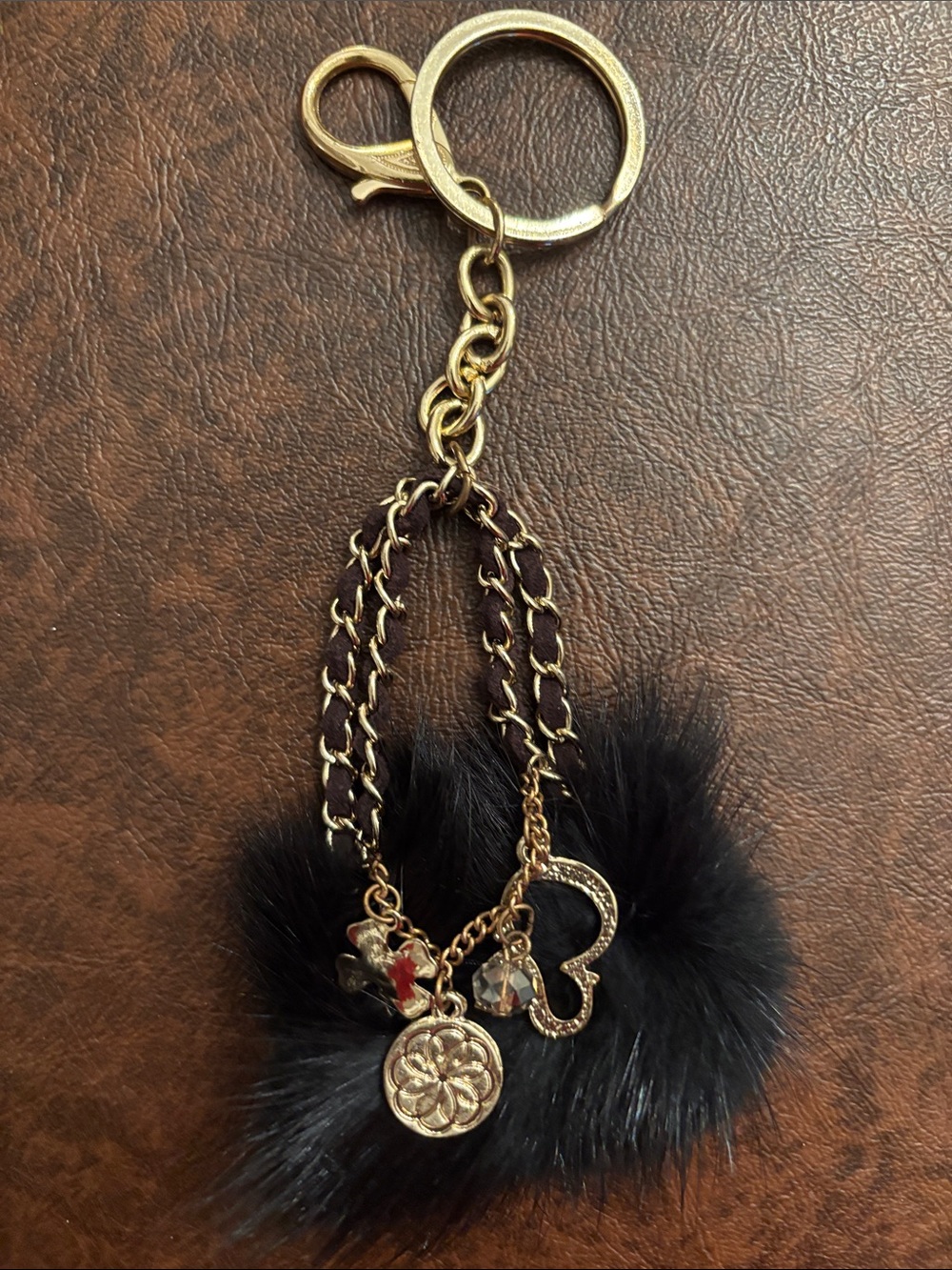 Gold-Tone Key & Card Holder Charm with Black Faux Fur and Decorative Charms